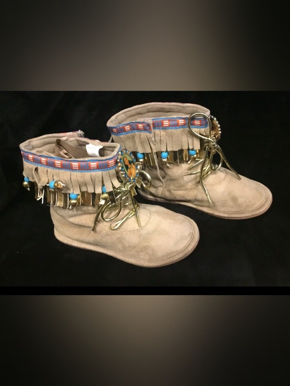 Fringed Suede Boho Ankle Boots with Turquoise Beads Size 9 Disney